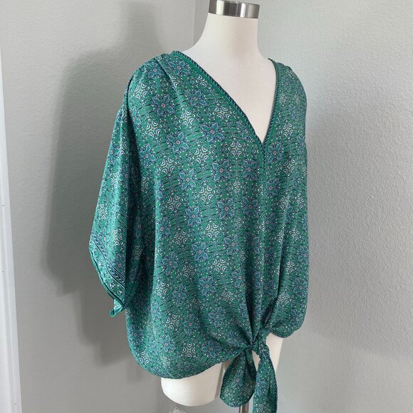 Max Studio Womens Plus 3X Green Blue V Neck Tie Front Blouse Kimono Sleeve Shirt - Picture 2 of 10